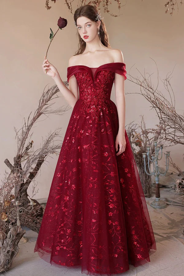 Wholesale Burgundy Tulle Sequins Long A-Line Prom Dress Off the Shoulder Evening Party Dress